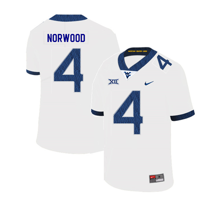 2019 Men #4 Josh Norwood West Virginia Mountaineers College Football Jerseys Sale-White